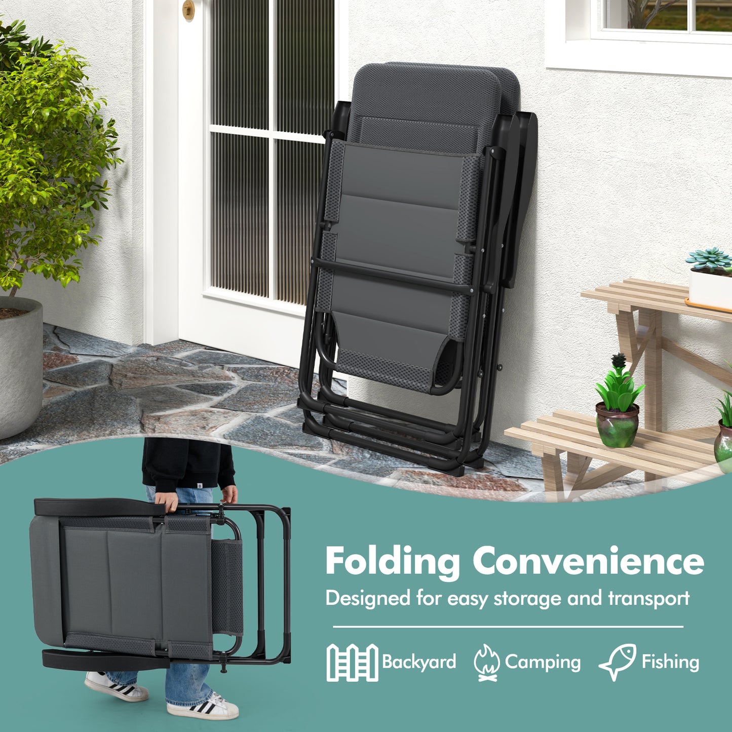 Folding Patio Chairs with 7-Position Adjustable Backrest, Set of 2