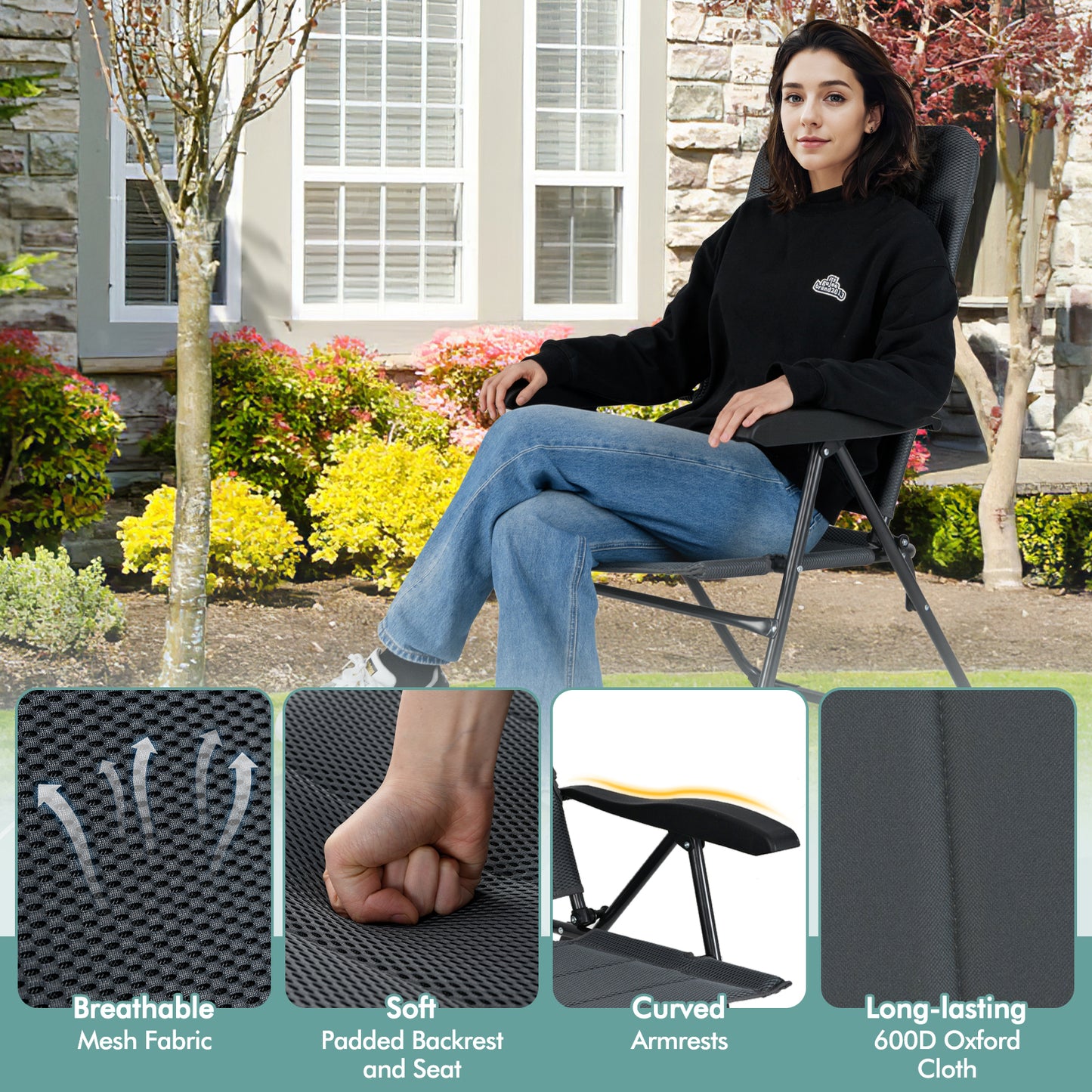 Folding Patio Chairs with 7-Position Adjustable Backrest, Set of 2