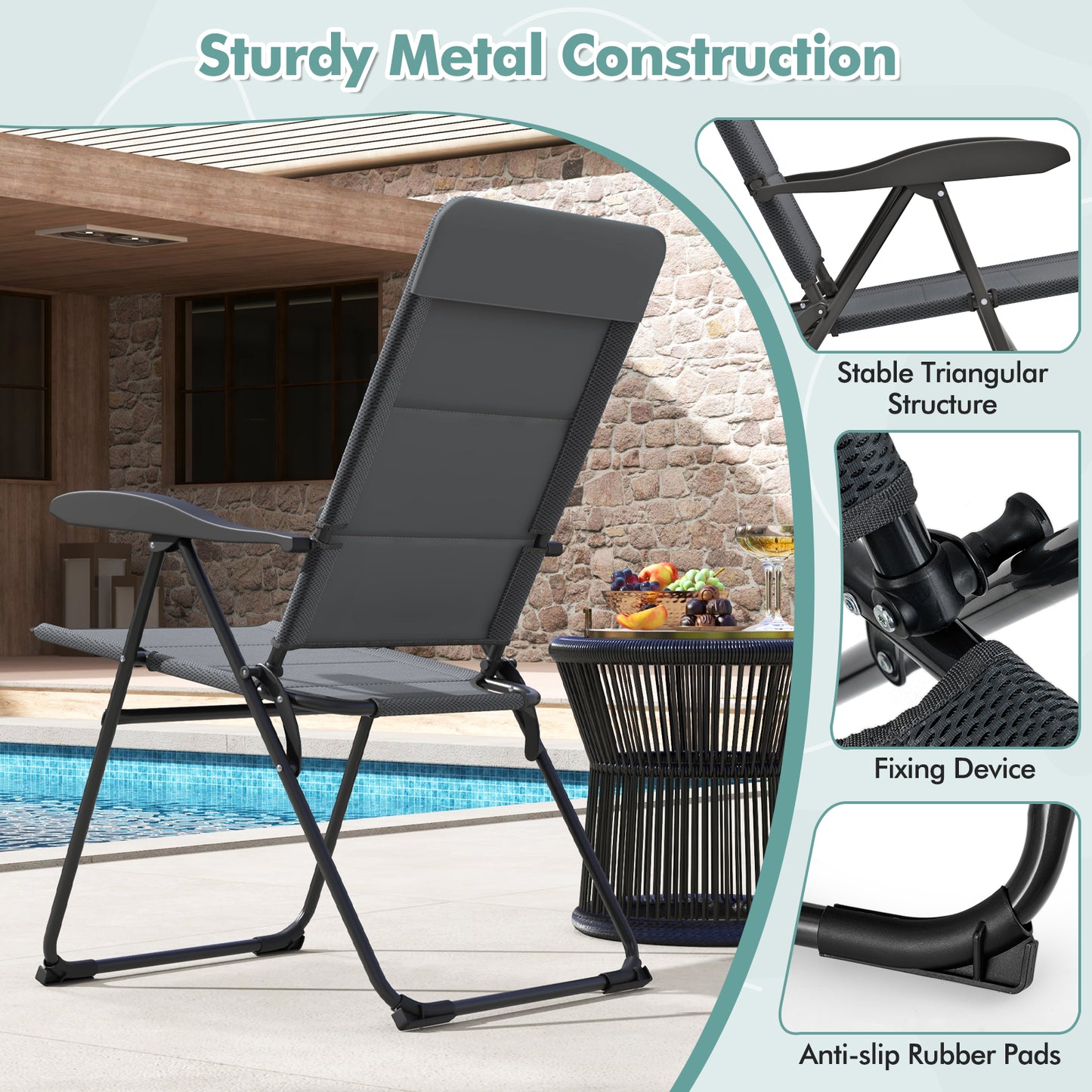 Folding Patio Chairs with 7-Position Adjustable Backrest, Set of 2