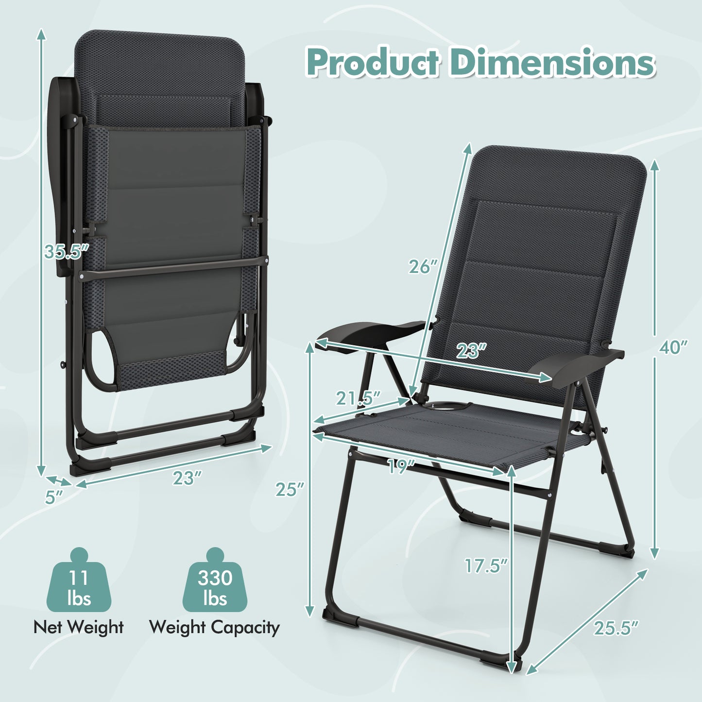 Folding Patio Chairs with 7-Position Adjustable Backrest, Set of 2