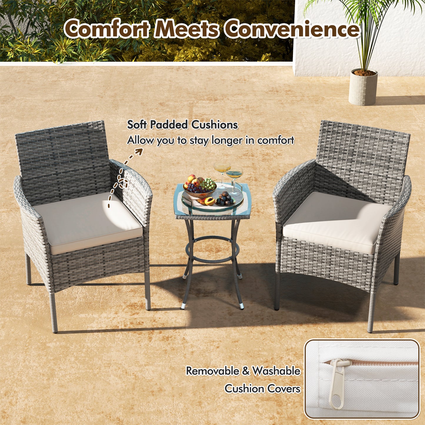Outdoor PE Rattan Armchairs Set of 2 with Cushions