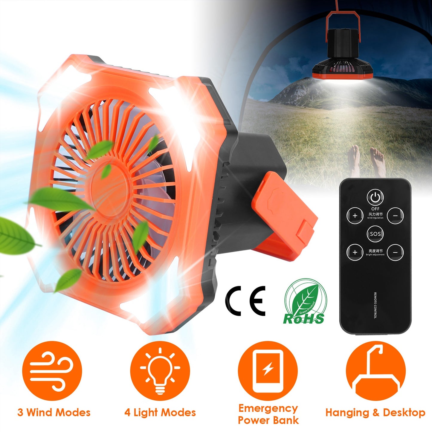 Camping Lantern Fan with 10000mAh Power Bank & Remote