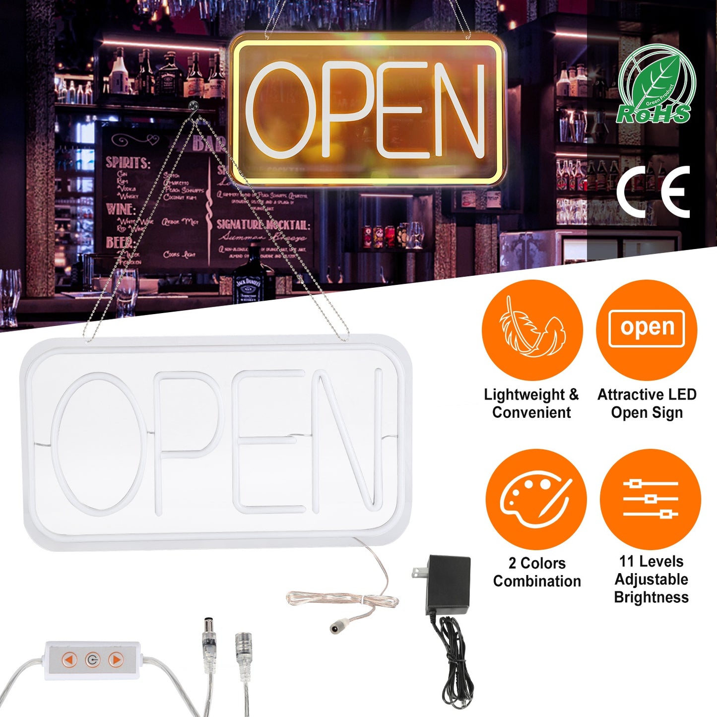 LED Open Sign 16.5x9.1in with 11 Brightness Levels