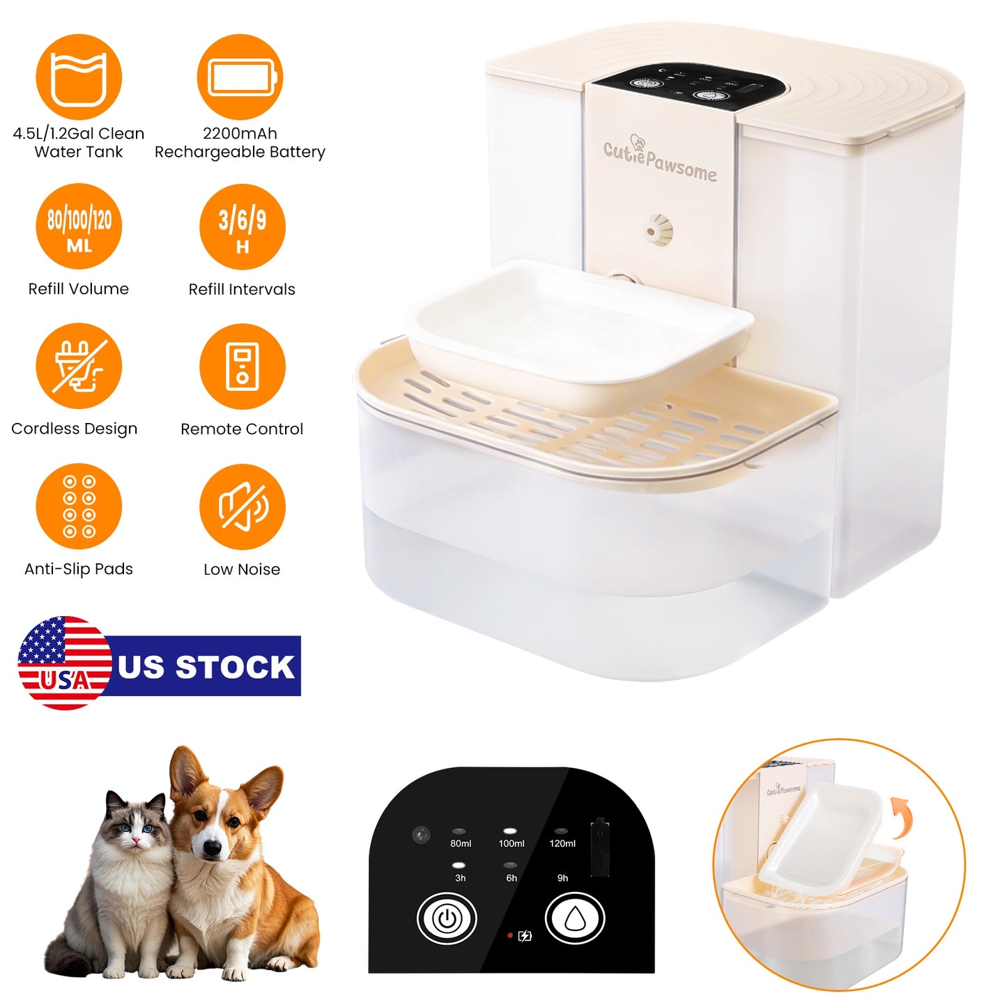 Automatic Pet Water Fountain 4.5L Cordless Rechargeable Dispenser