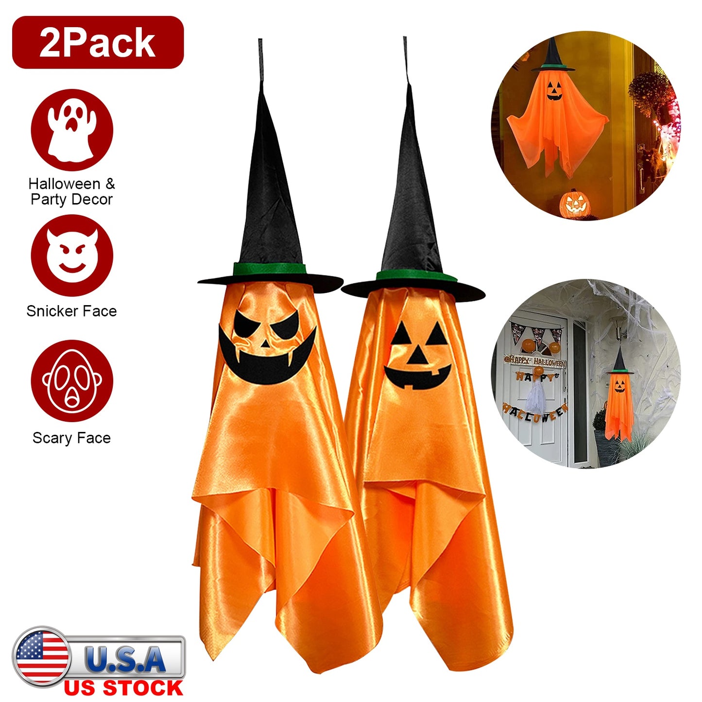 Hanging Pumpkin Wizard Hat Ghosts - 2 Pack Halloween Decoration