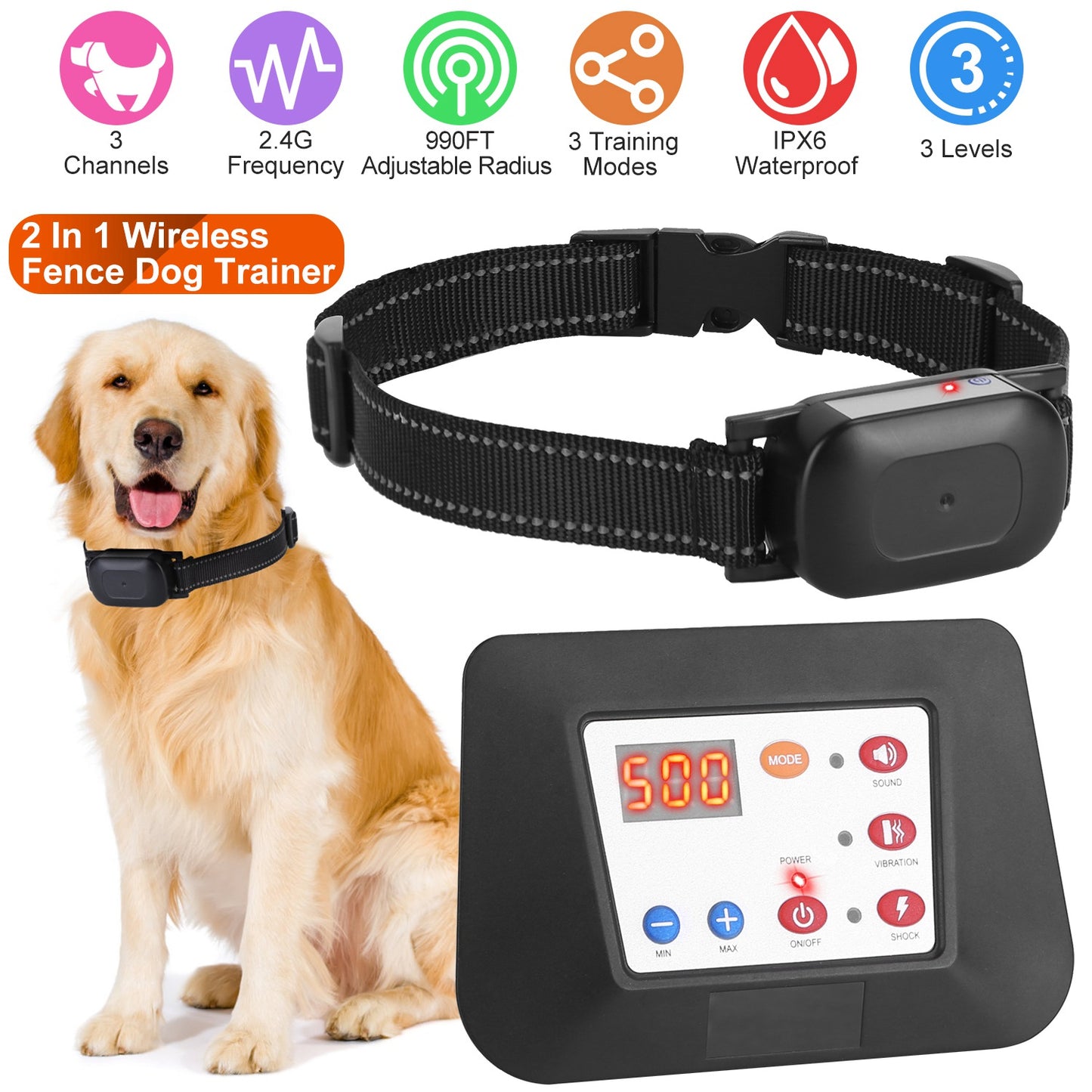 Wireless Dog Fence & Training Collar System 990FT Range