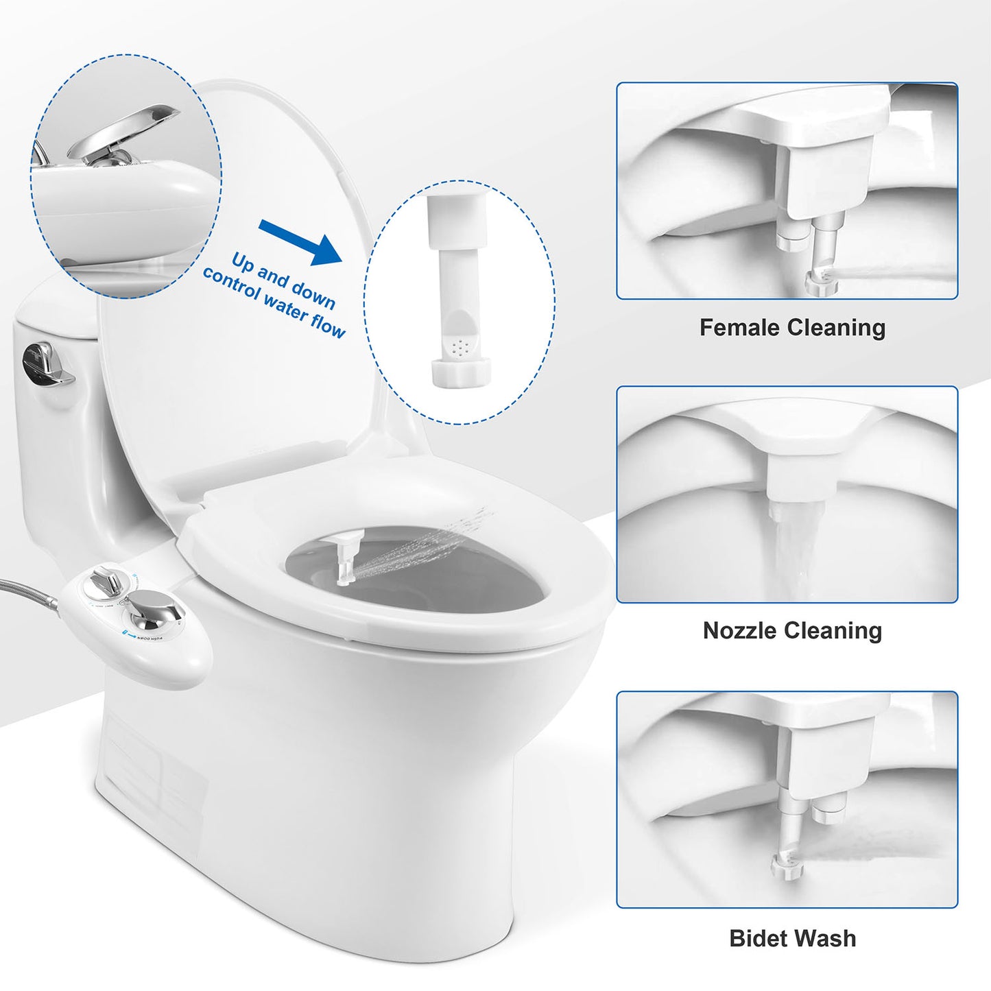 Non-Electric Bidet Attachment with Dual Nozzle Self-Cleaning