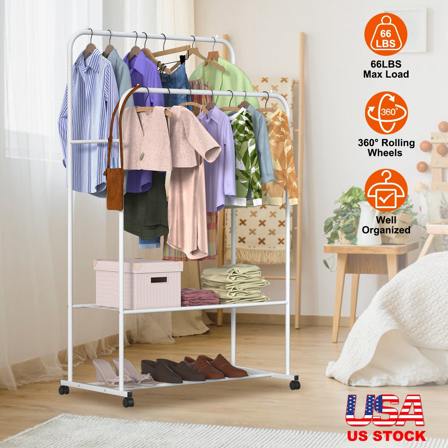 Rolling Garment Rack with Shoe Shelf and Dual Hanging Rails