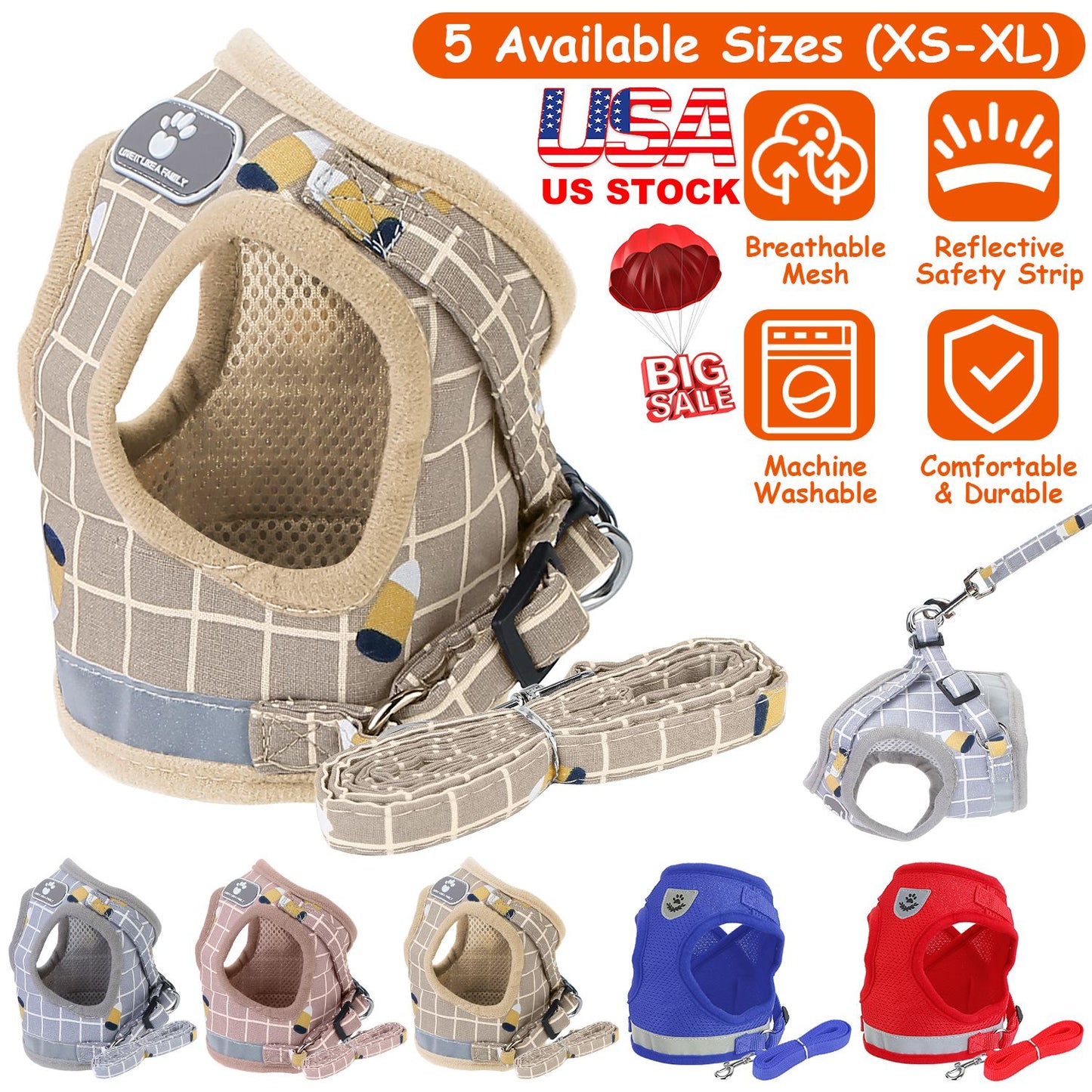 Reflective Dog Harness and Leash Set with Adjustable Mesh Vest