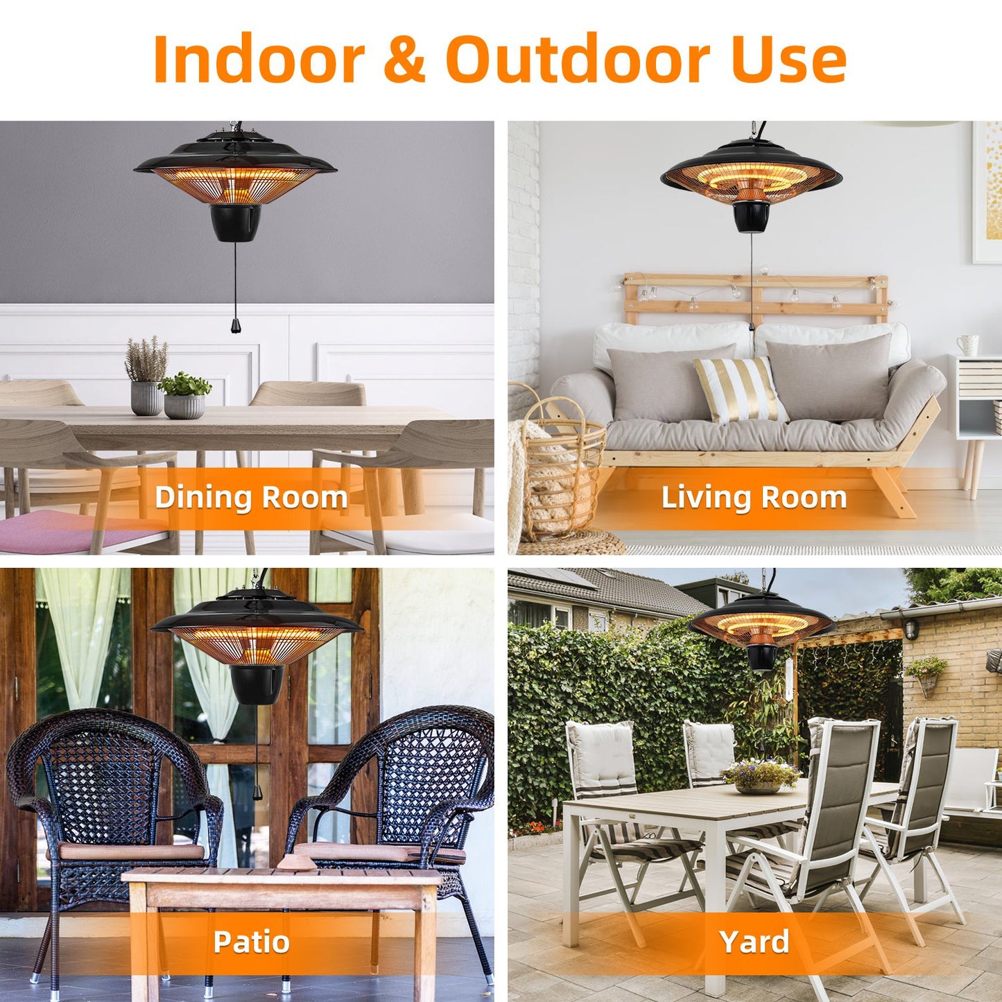1500W Hanging Patio Heater with IP23 Waterproof & 2 Heat Levels