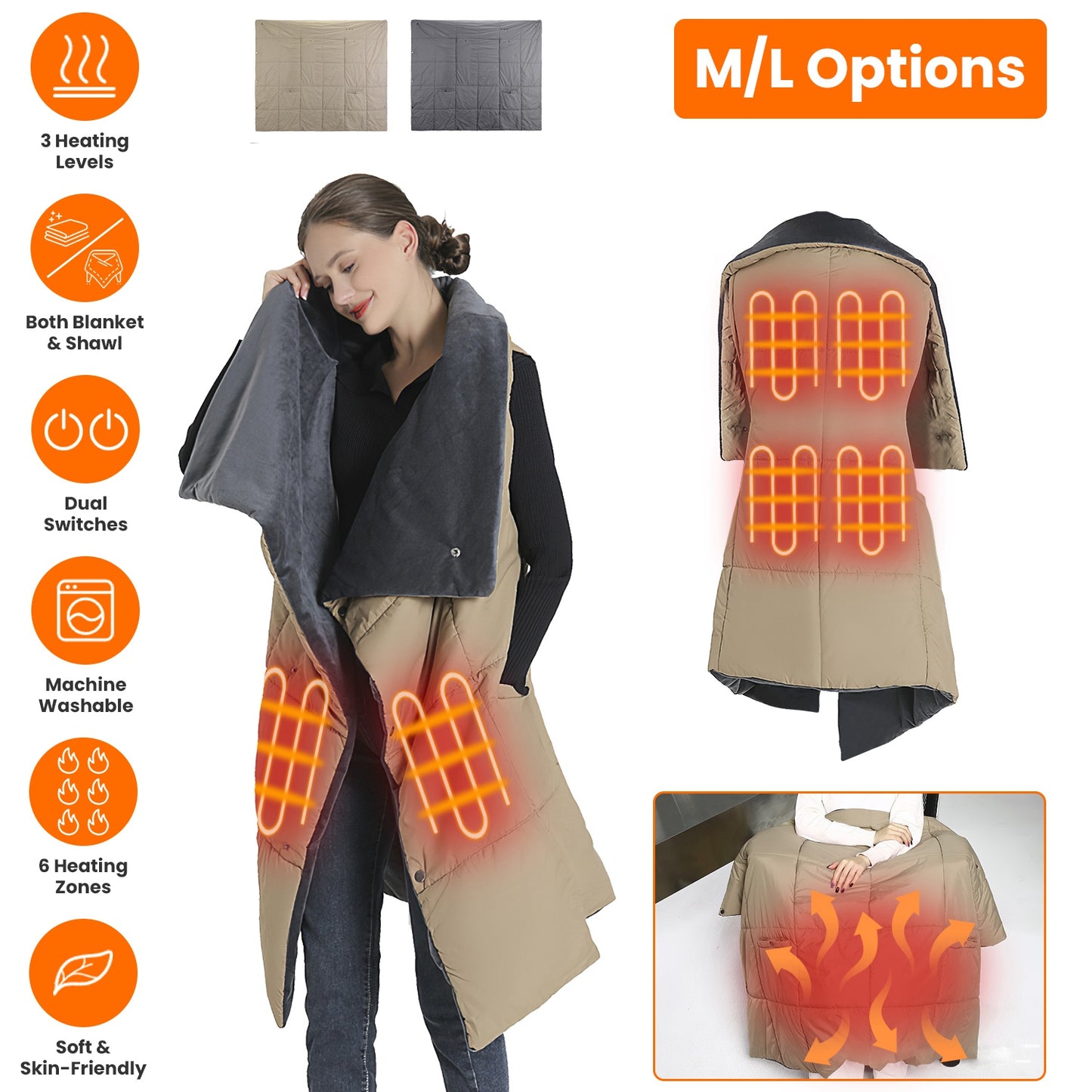 USB Heated Blanket Shawl with 6 Zones & 3 Heat Settings