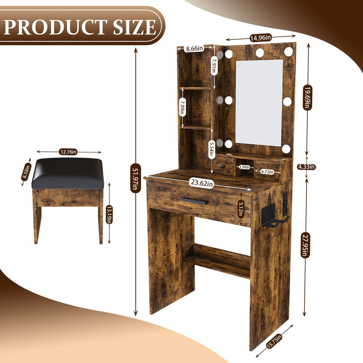 Vanity Desk Set with LED Lighted Mirror & Padded Stool