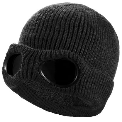 Unisex Knit Beanie Hat with Goggle Chunky Winter Warm Hat Skull Cap 4 Colors