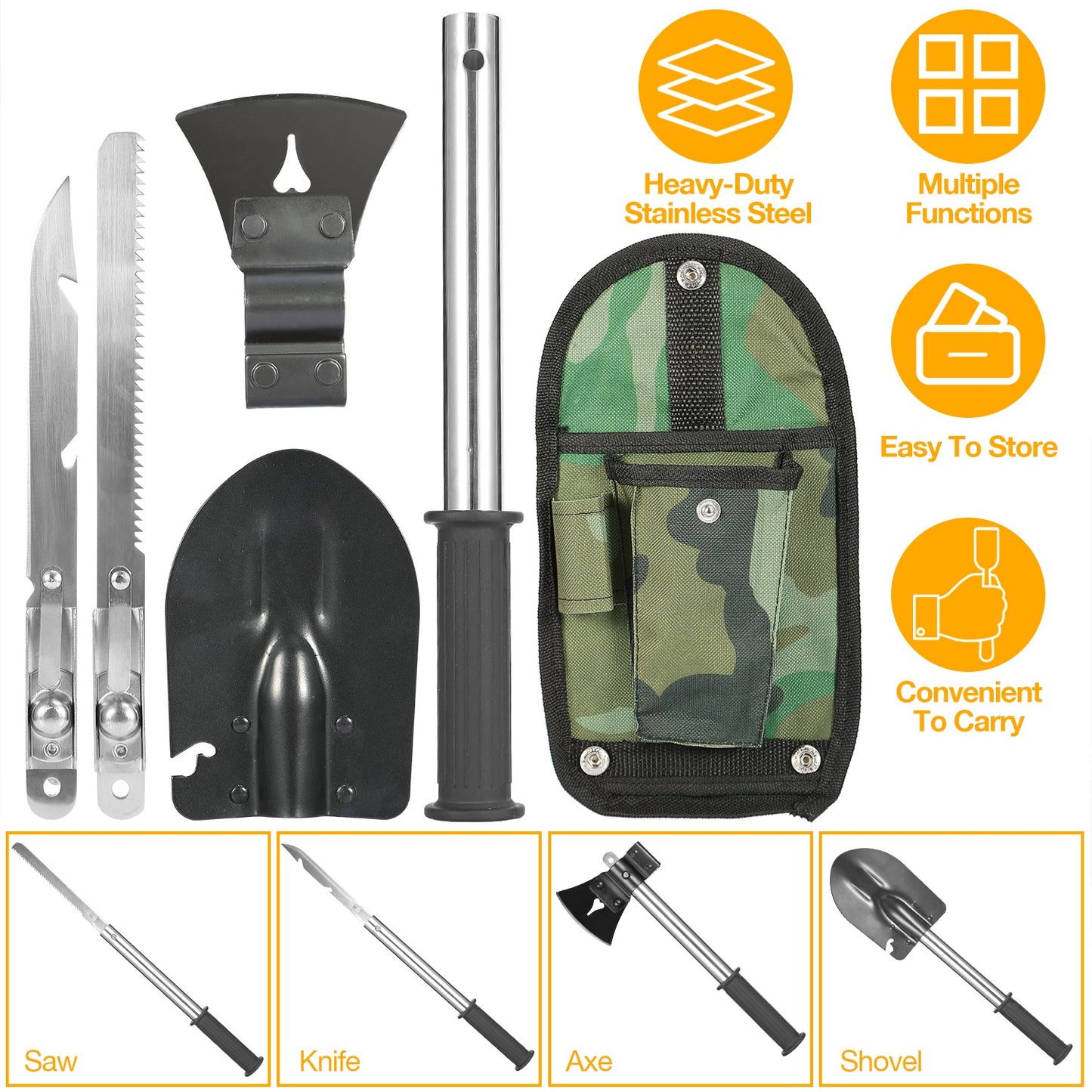 6-in-1 Multi-Tool Survival Kit with Shovel, Axe, Knife & Saw