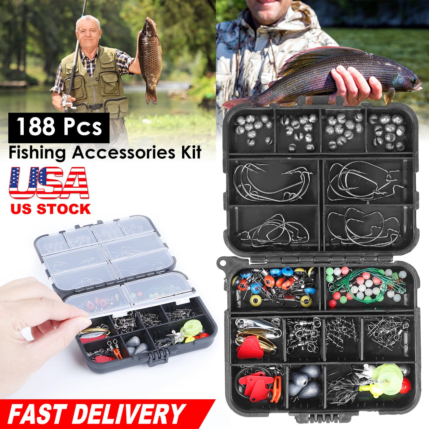188-Piece Fishing Tackle Kit with Hooks, Weights & Storage Box