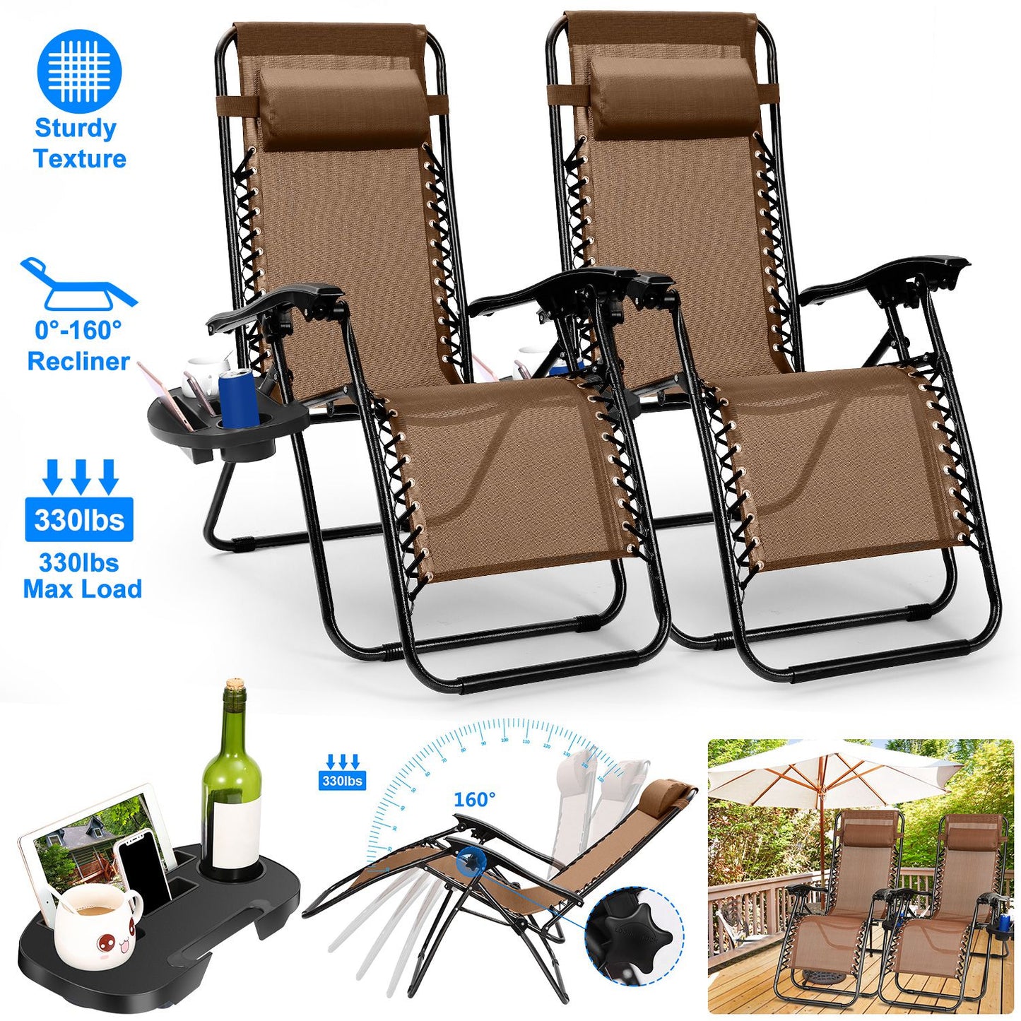 Zero Gravity Lounge Chair Set with Side Trays (2-Pack)