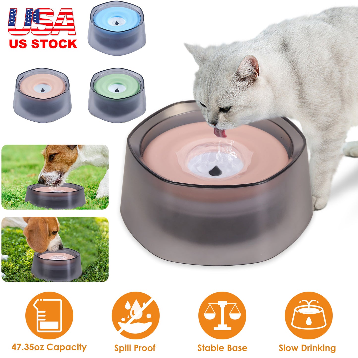 No Spill Dog Water Bowl 47oz Slow Feeder with Float Disk