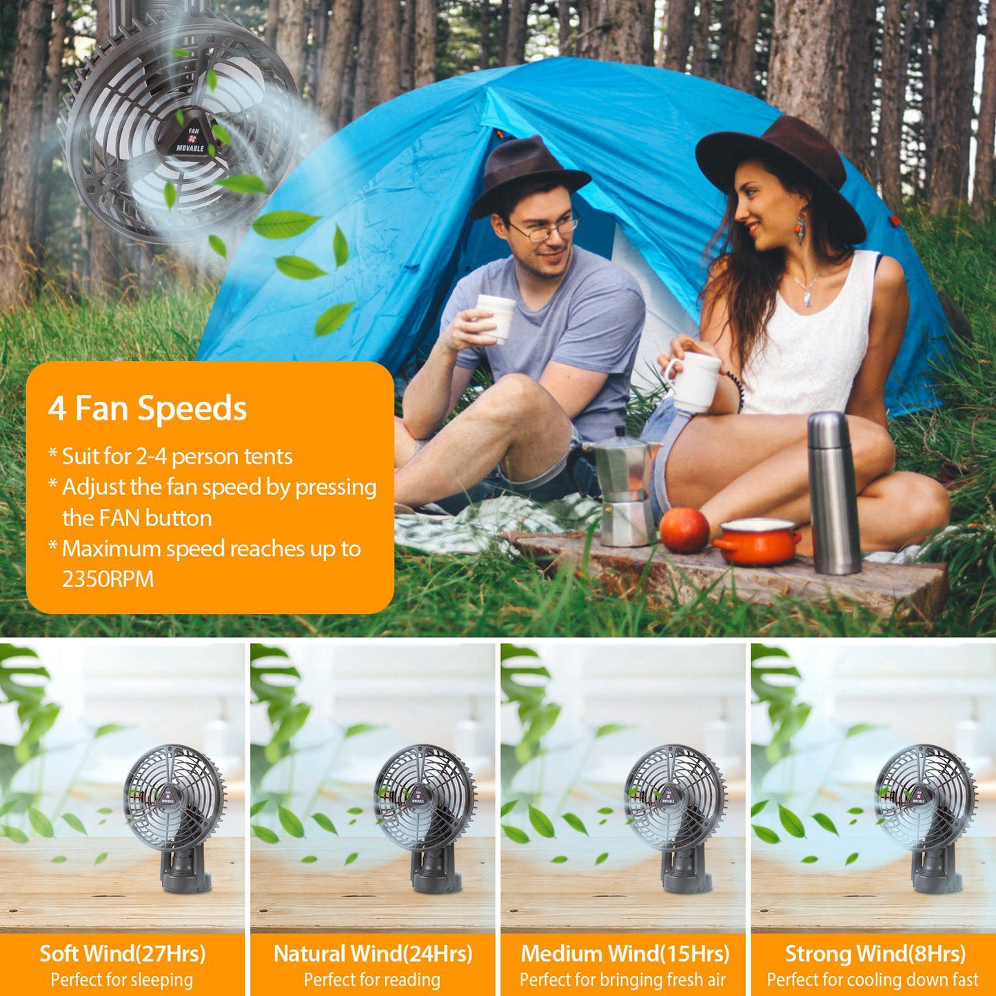 Portable Camping Fan with LED Light and Tripod Stand