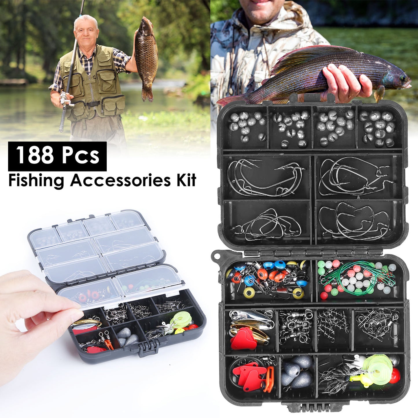 188-Piece Fishing Tackle Kit with Hooks, Weights & Storage Box