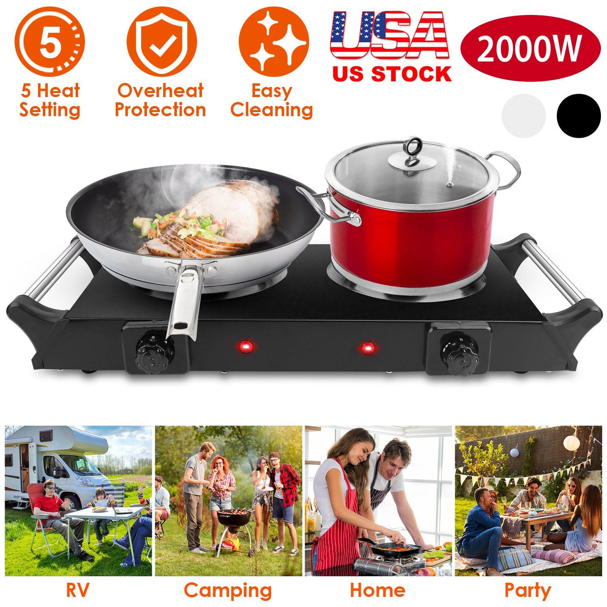 2000W Electric Dual Burner Portable Coil Heating Hot Plate Stove Countertop RV Hotplate with 5 Temperature Adjustments Portable Handles