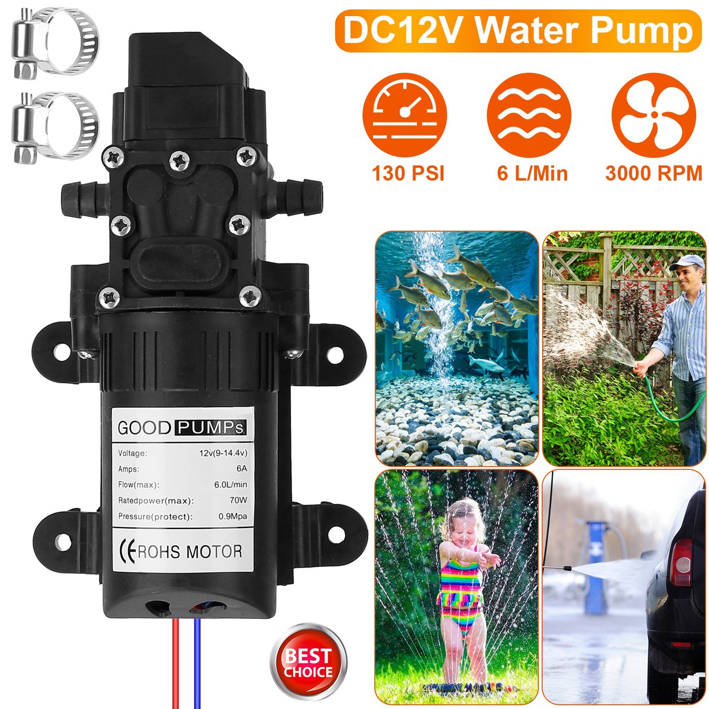 12V Water Pump 130PSI Self-Priming Diaphragm Pump 6L/Min