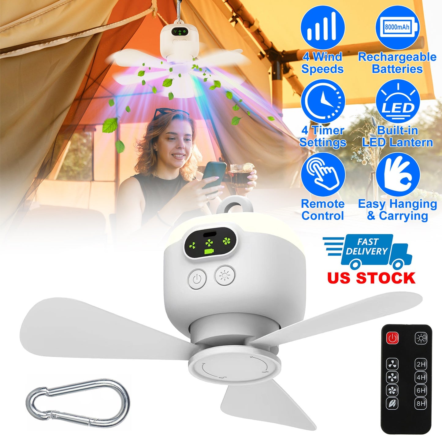 Portable Camping Fan with LED Lantern 8000mAh Battery Powered