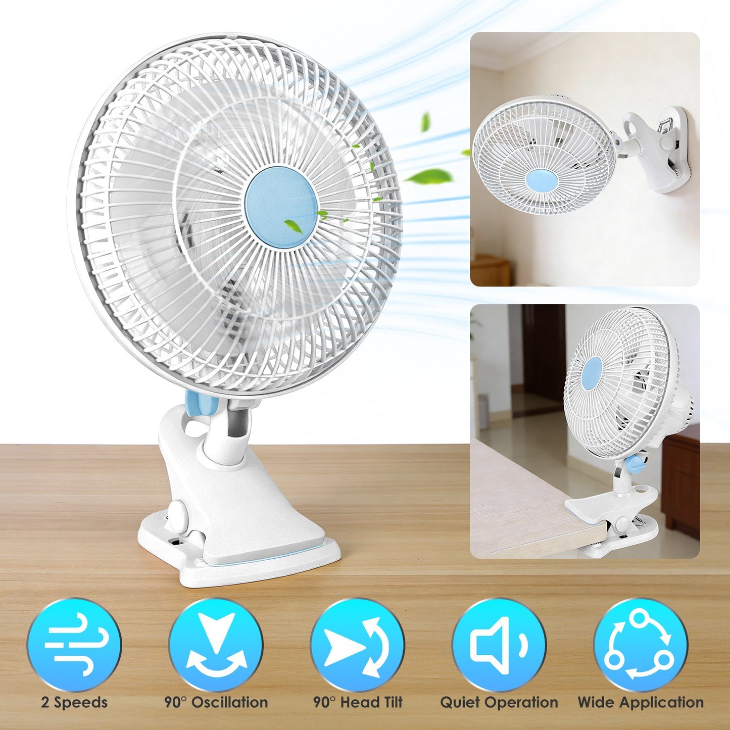 8.66" Clip-On Fan with 90° Oscillation & 2 Speed Settings