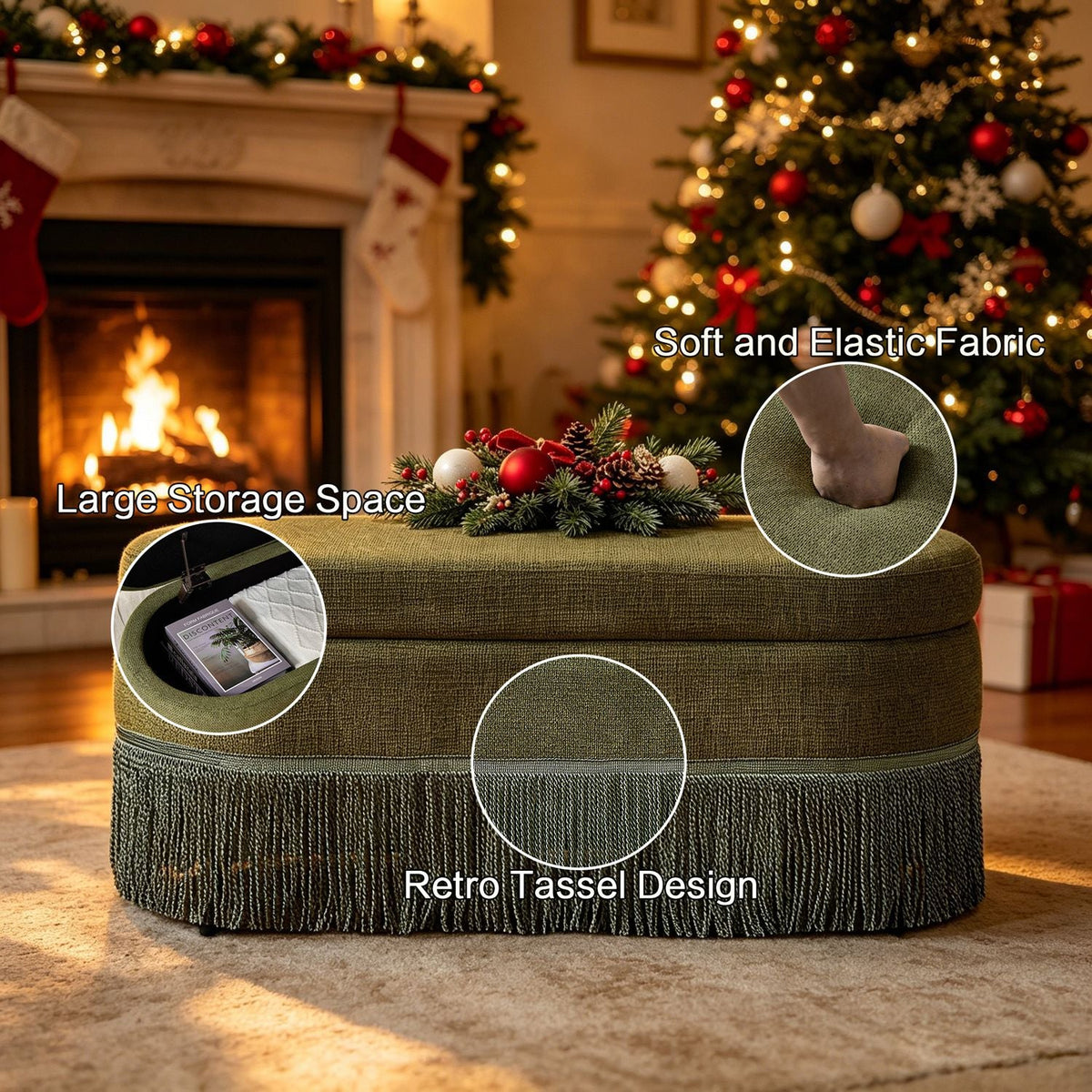 Oval Upholstered Storage Ottoman with Fringe Trim, 39.4"