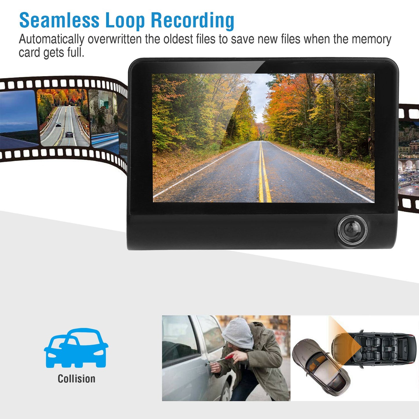Dash Cam 3-Lens 1296P Front Rear Interior 4" Screen