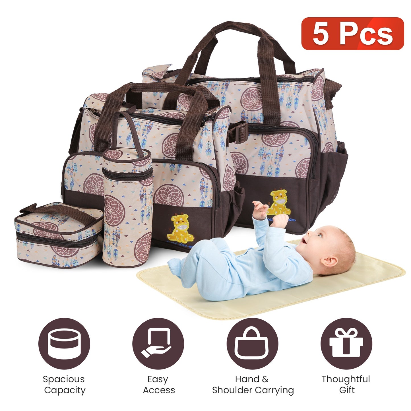 5-Piece Diaper Bag Set with Bottle Bag and Changing Pad