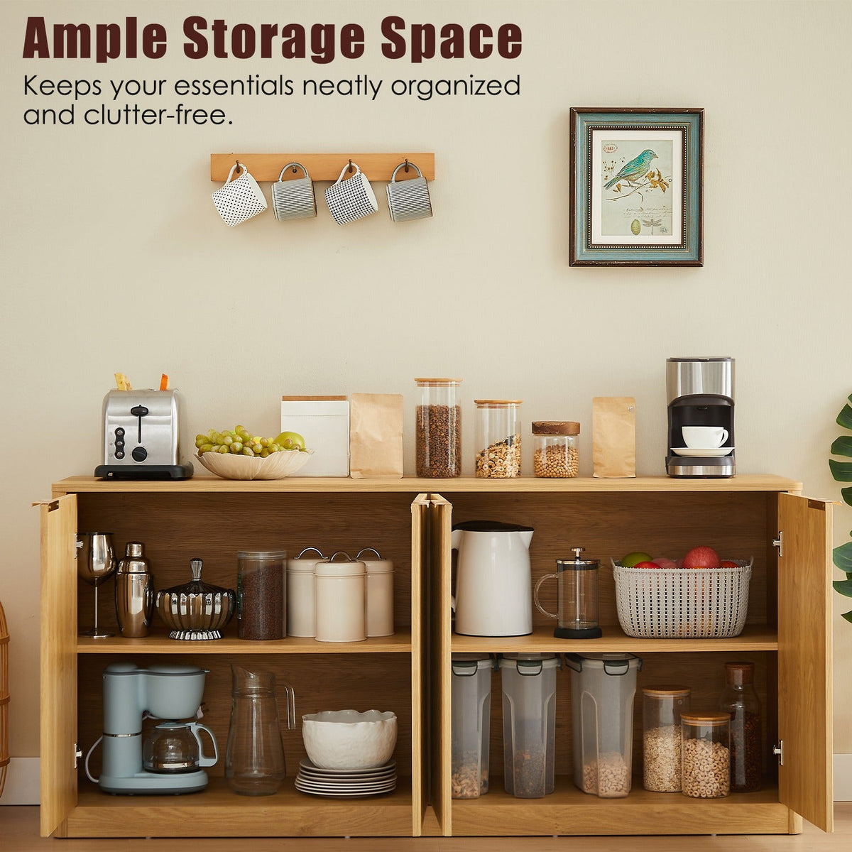 Fluted Sideboard Cabinet with 4-6 Doors and Wood-Grain Top