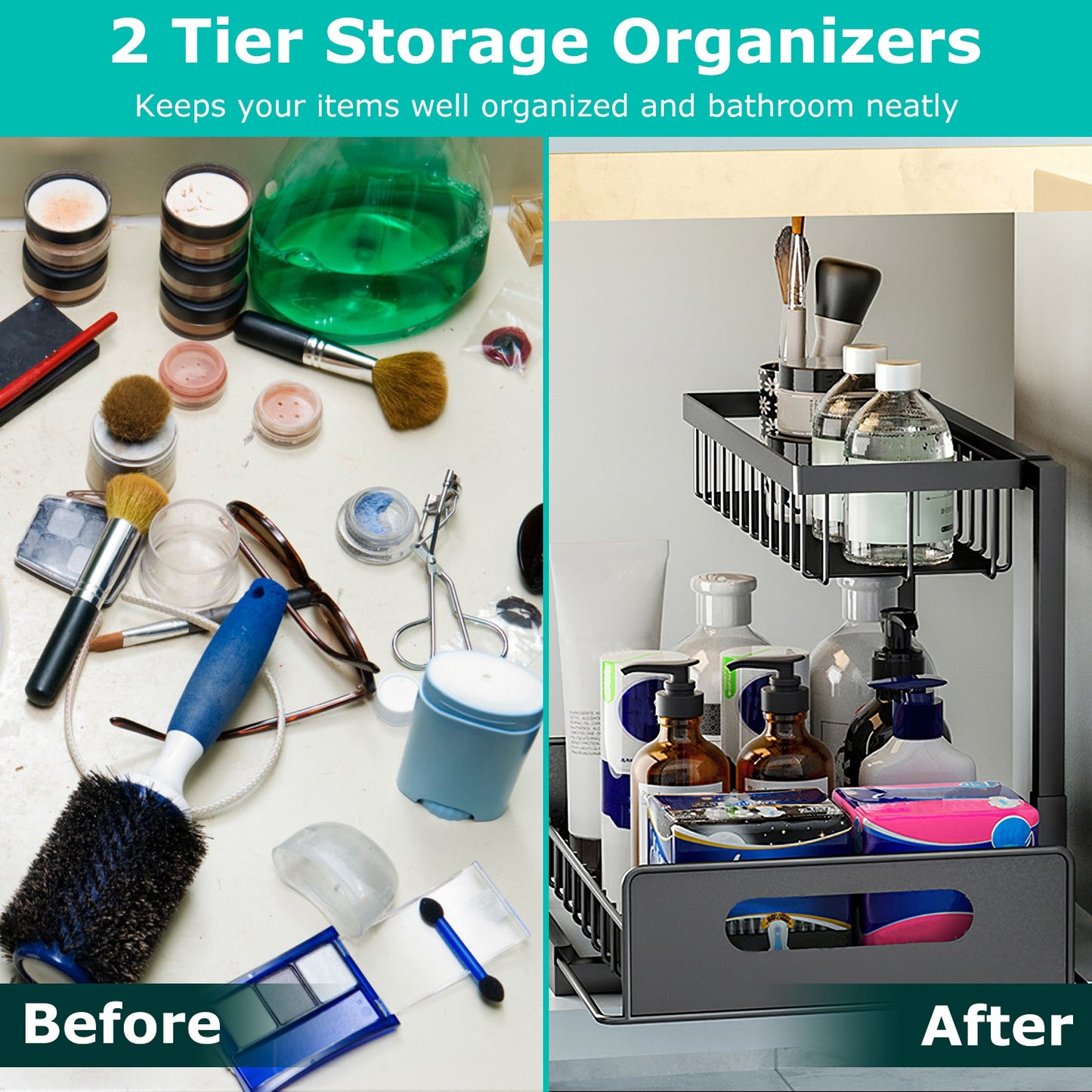 2-Tier Under Sink Organizer with Pull-Out Sliding Drawer