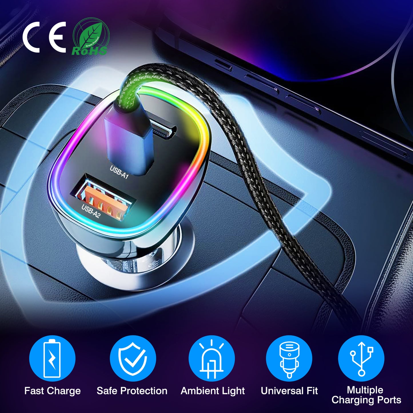 90W Fast Car Charger with 3 Ports and Ambient Light