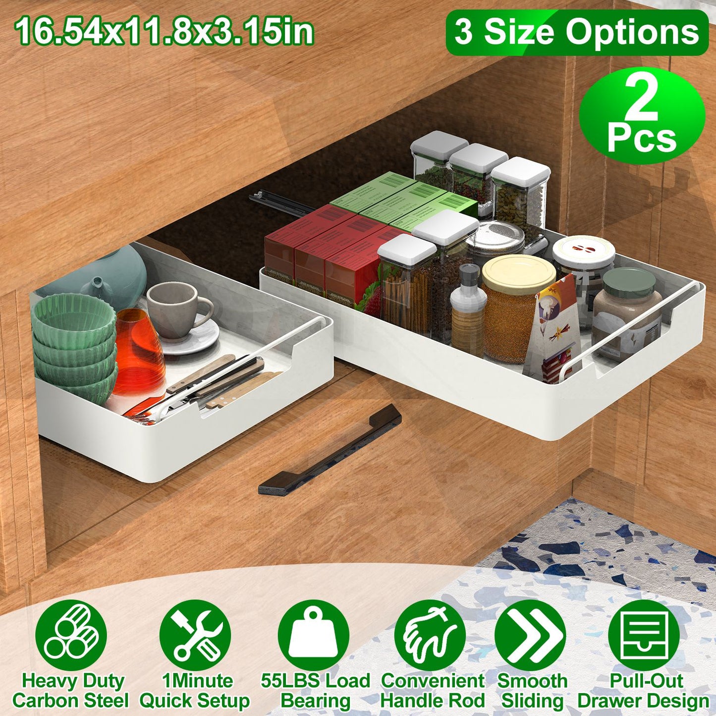 Pull Out Cabinet Organizers - 2 Pack Carbon Steel Sliding Drawers