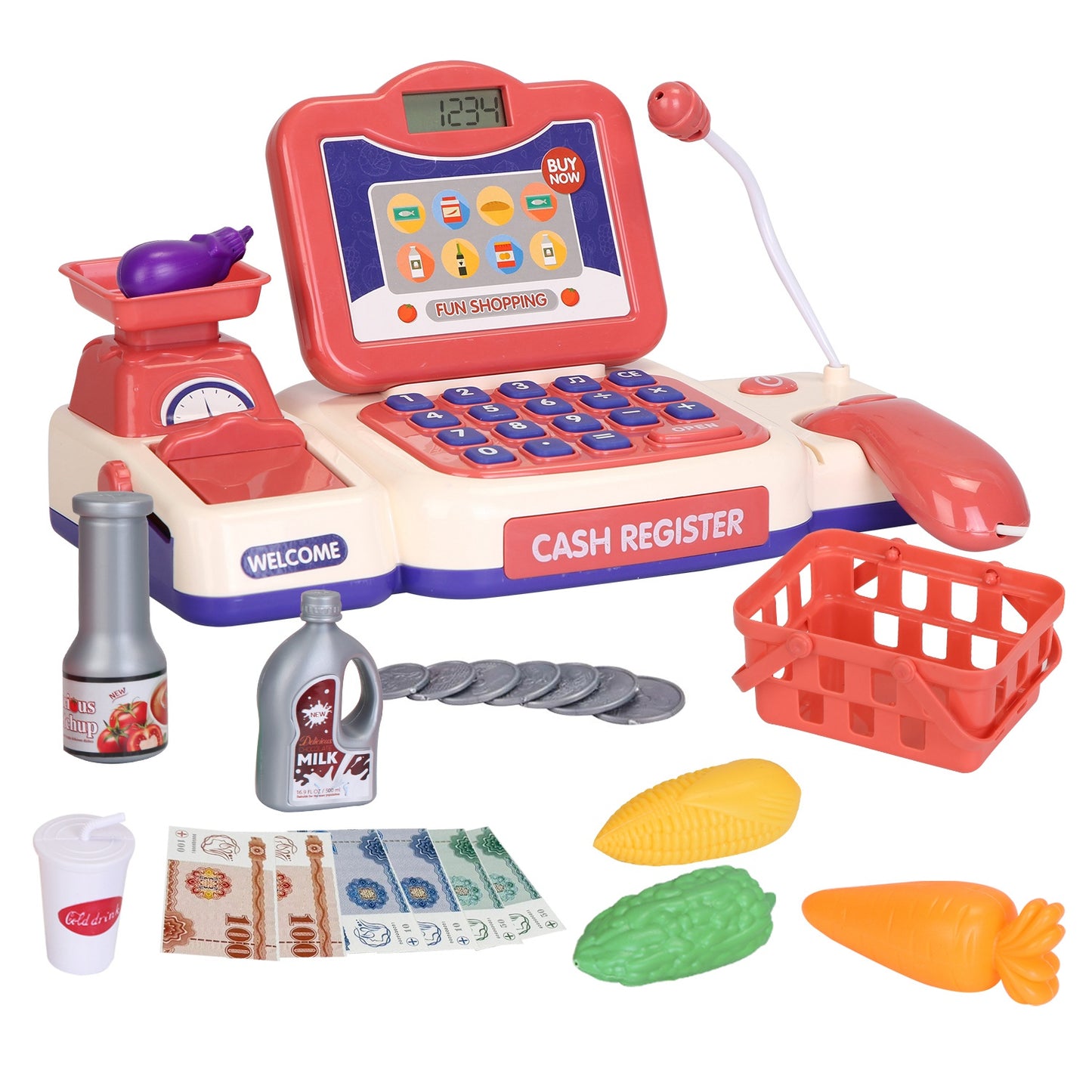 Kids Cash Register Pretend Play Toy with Scanner & Accessories