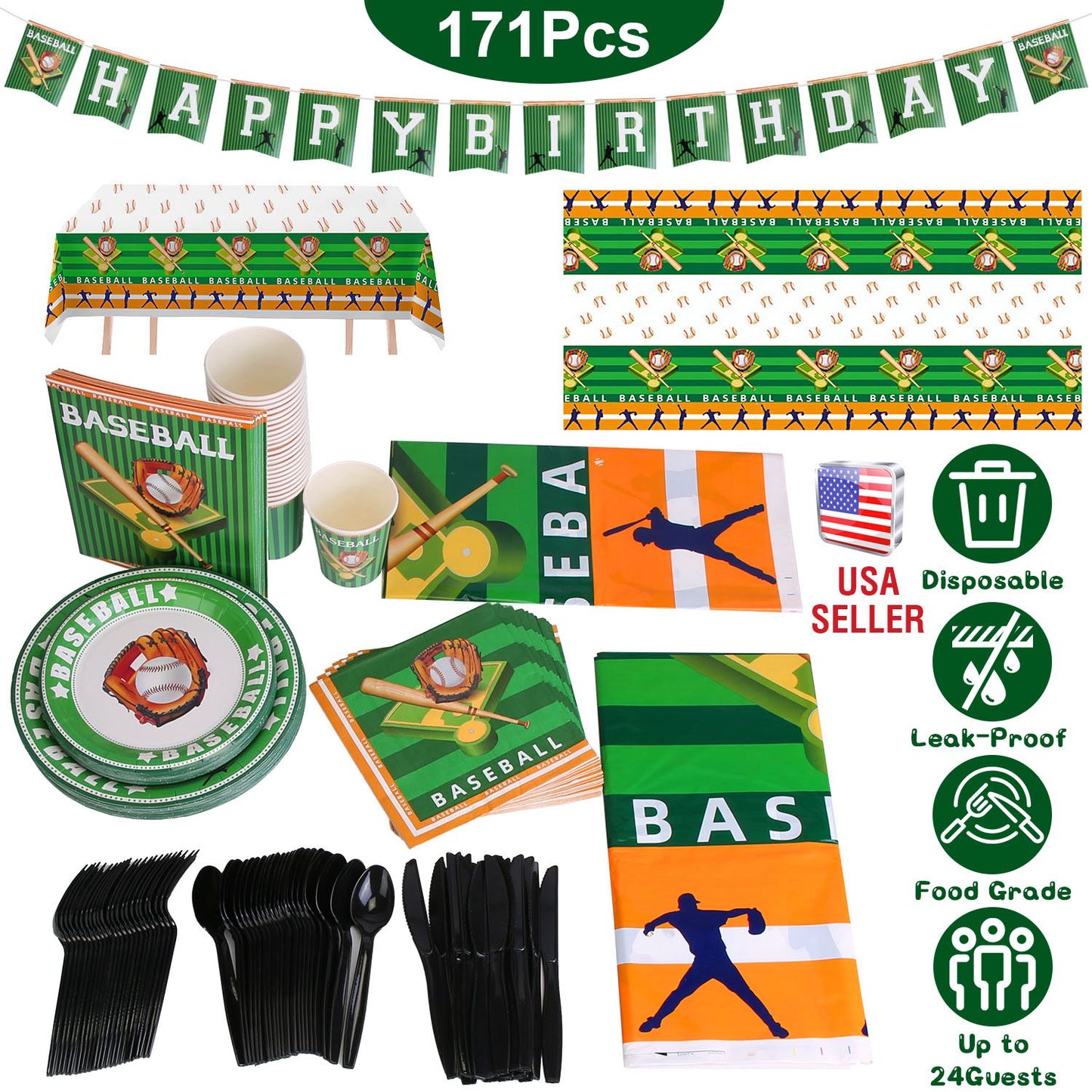 Baseball Party Supplies Kit for 24 Guests - 171 Pieces