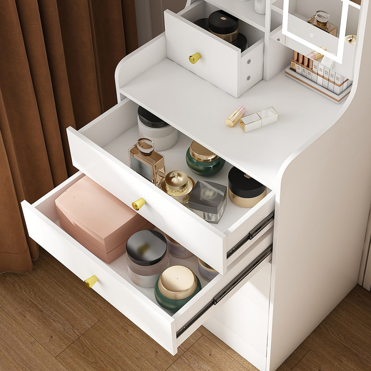 3 In 1 White Vanity Desk Set with LED Light Mirror & Hidden Storage Stool, Compact Multi-Functional Makeup Dressing Tabl