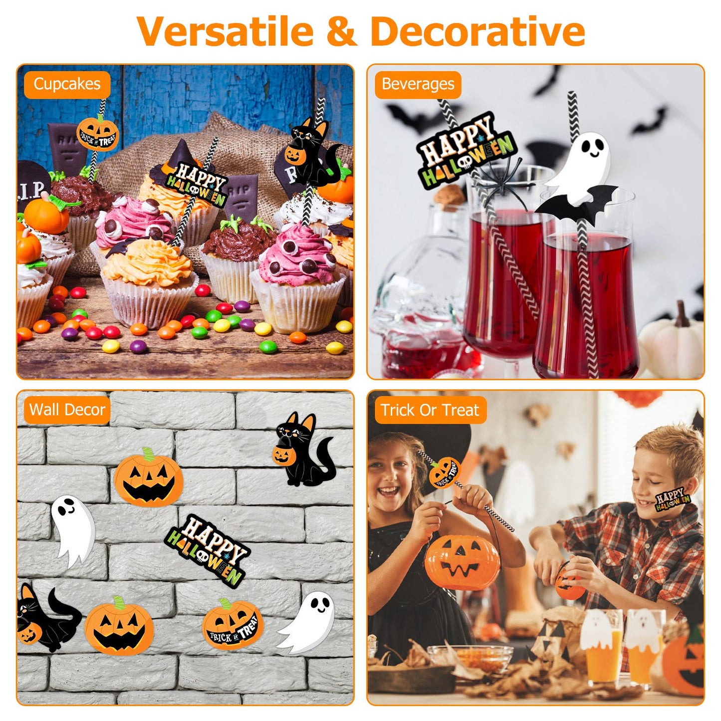 Halloween Party Paper Straws with Decorative Cards - 25 Pack