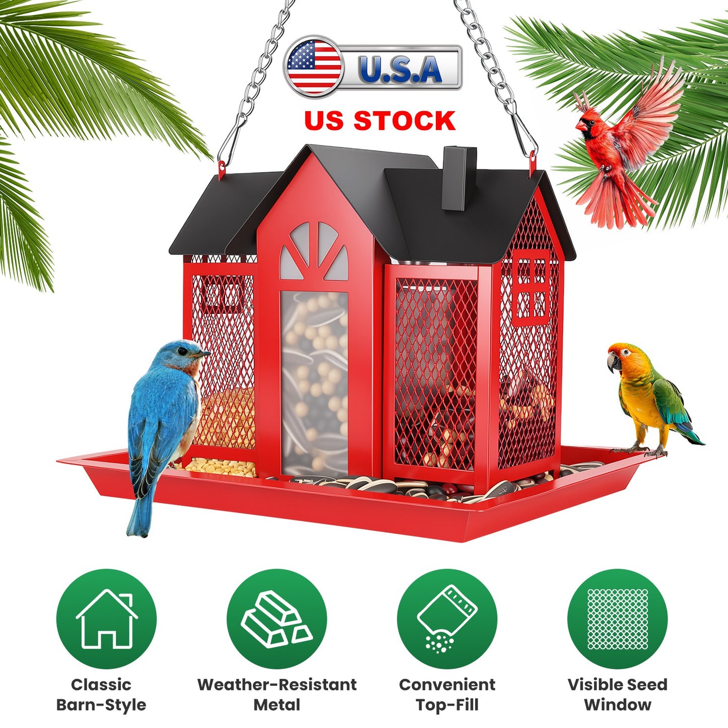 Barn Bird Feeder with Transparent Window & Lift Top Lid