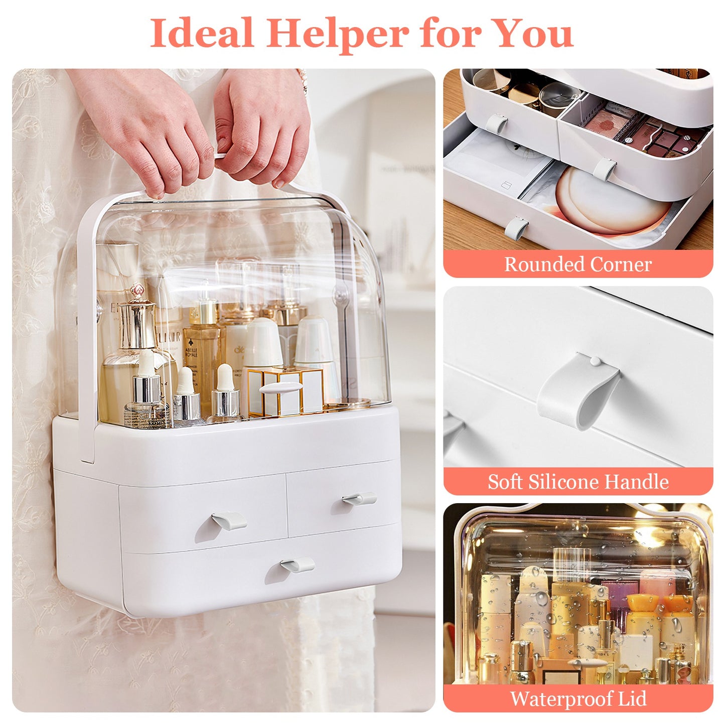 3-Tier Makeup Organizer with Dustproof Lid and Drawers