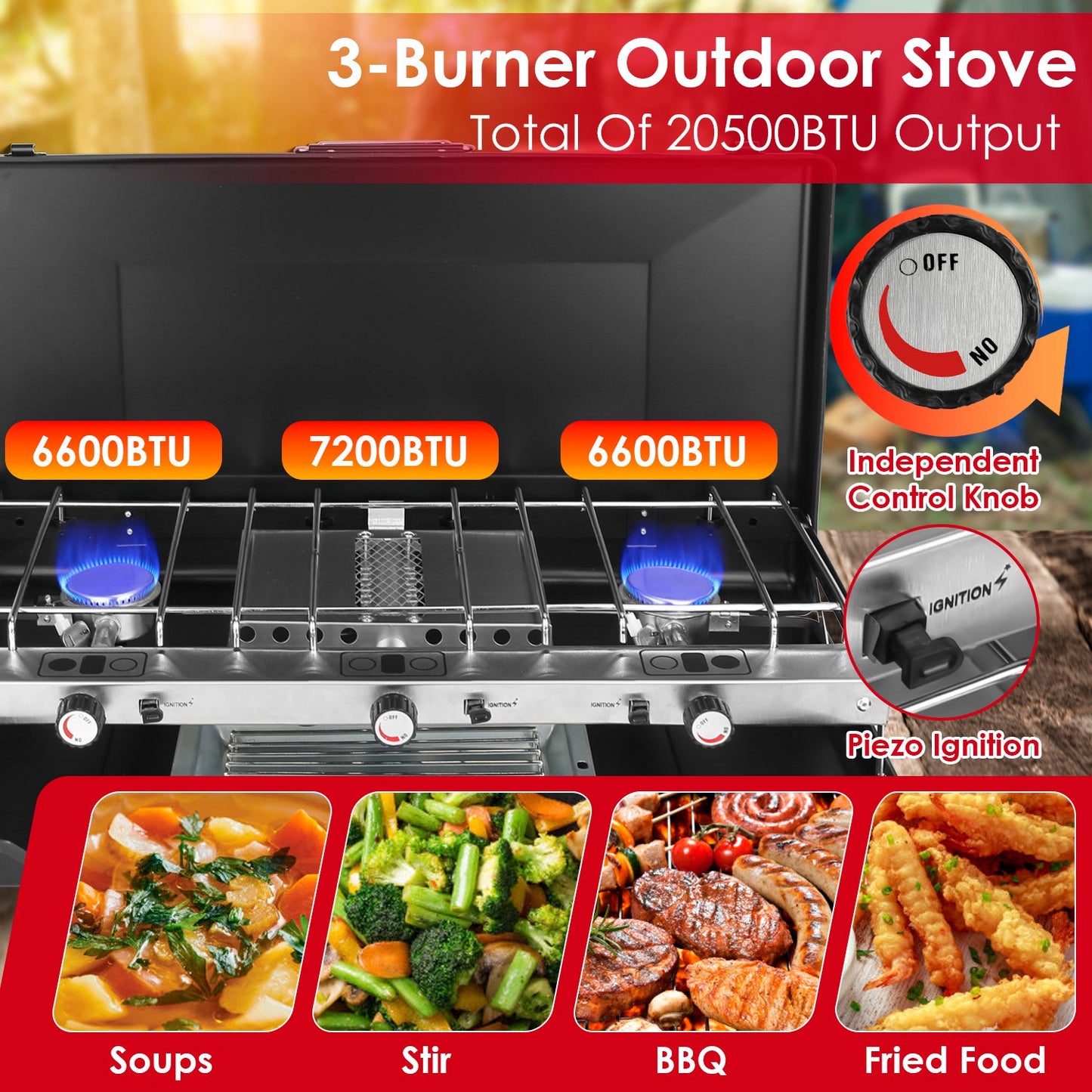 3 Burner Camping Stove 20000 BTU Portable Propane Gas Stove