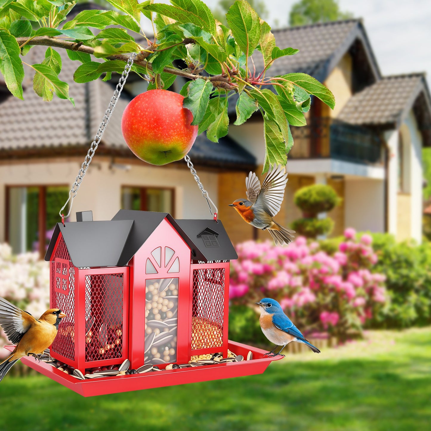 Barn Bird Feeder with Transparent Window & Lift Top Lid