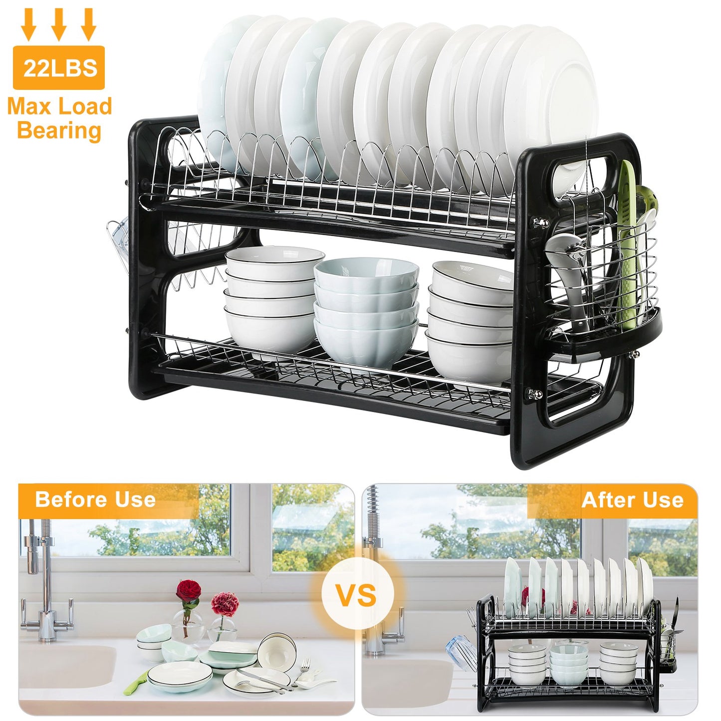 2-Tier Dish Drying Rack with Drainboard and Cup Holder