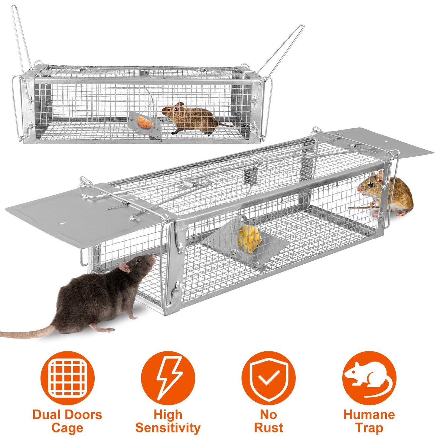 Dual Door Rat Trap Cage Humane Live Rodent Dense Mesh Trap Cage Zinc Electroplating Mice Mouse Control Bait Catch with 2 Detachable U Shaped Rod