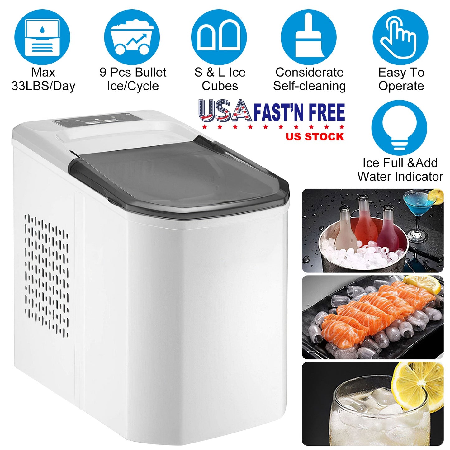 Countertop Ice Maker Machine – 33 lbs/Day Self-Cleaning
