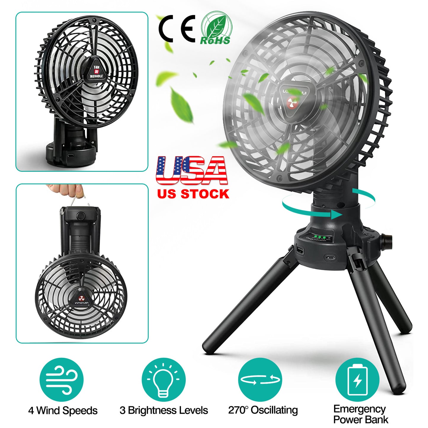 Camping Fan with LED Light & Power Bank - 270° Oscillating