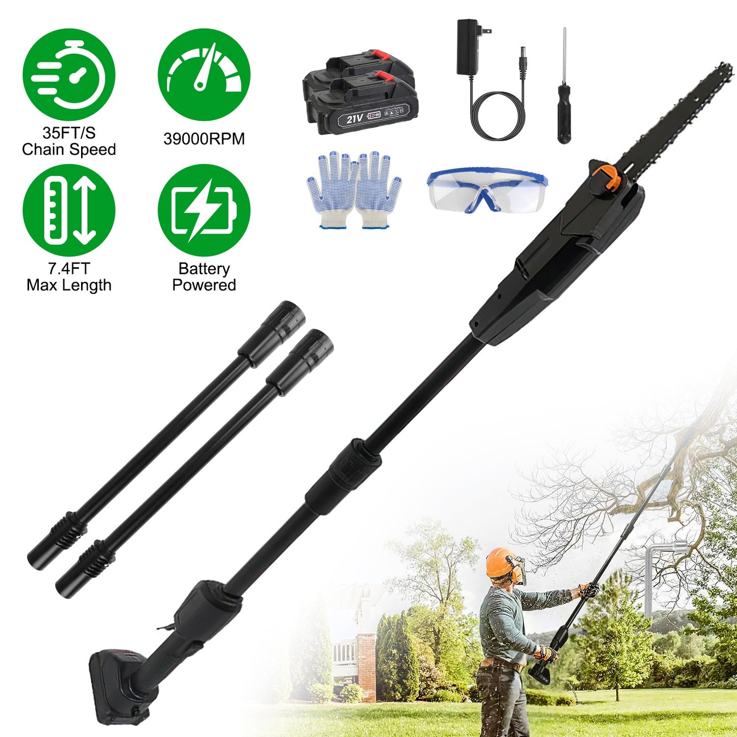 Cordless Pole Saw 6in Extendable 7.4ft with 2 Batteries