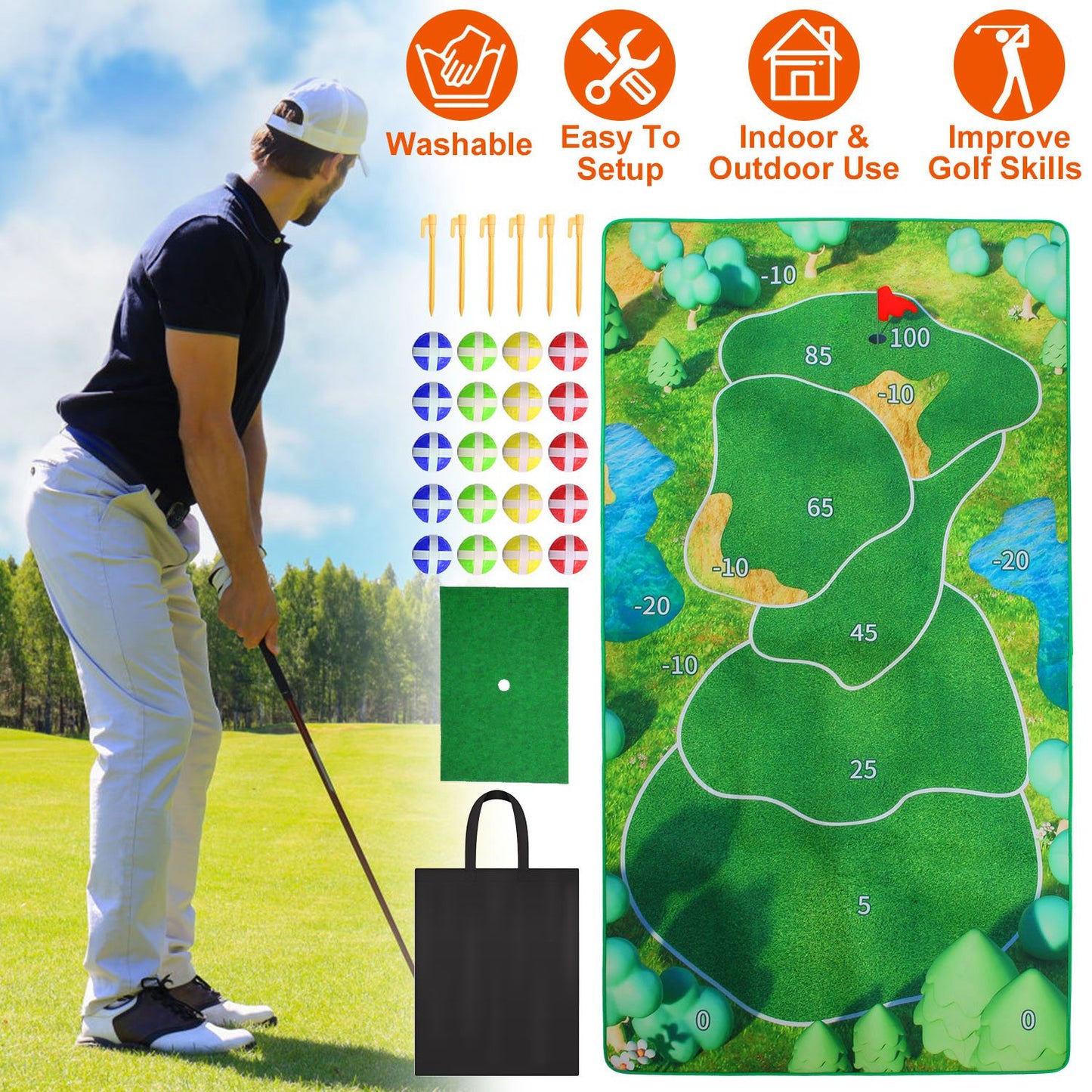 Golf Chipping Game Set with 20 Sticky Balls and Target Mat