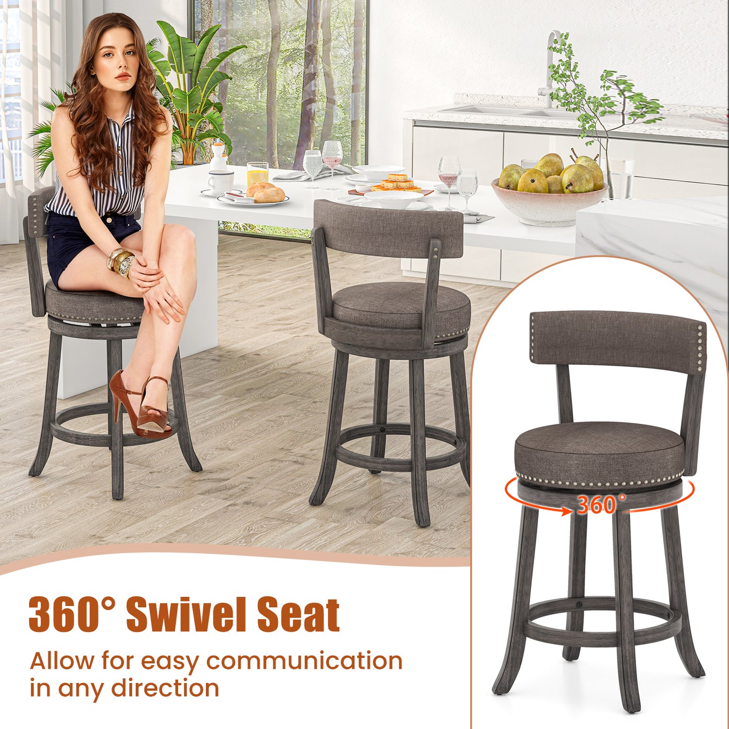 Counter Height Swivel Bar Stools Set of 2 - 24 Inch Gray
