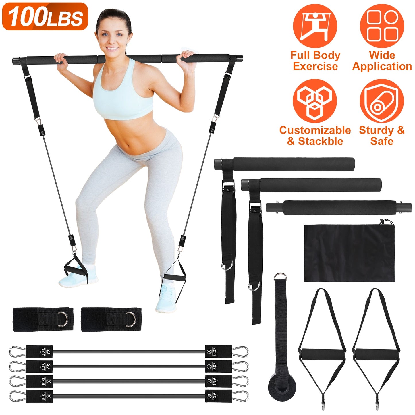 Pilates Bar Kit with 100LBS Resistance Bands & Accessories